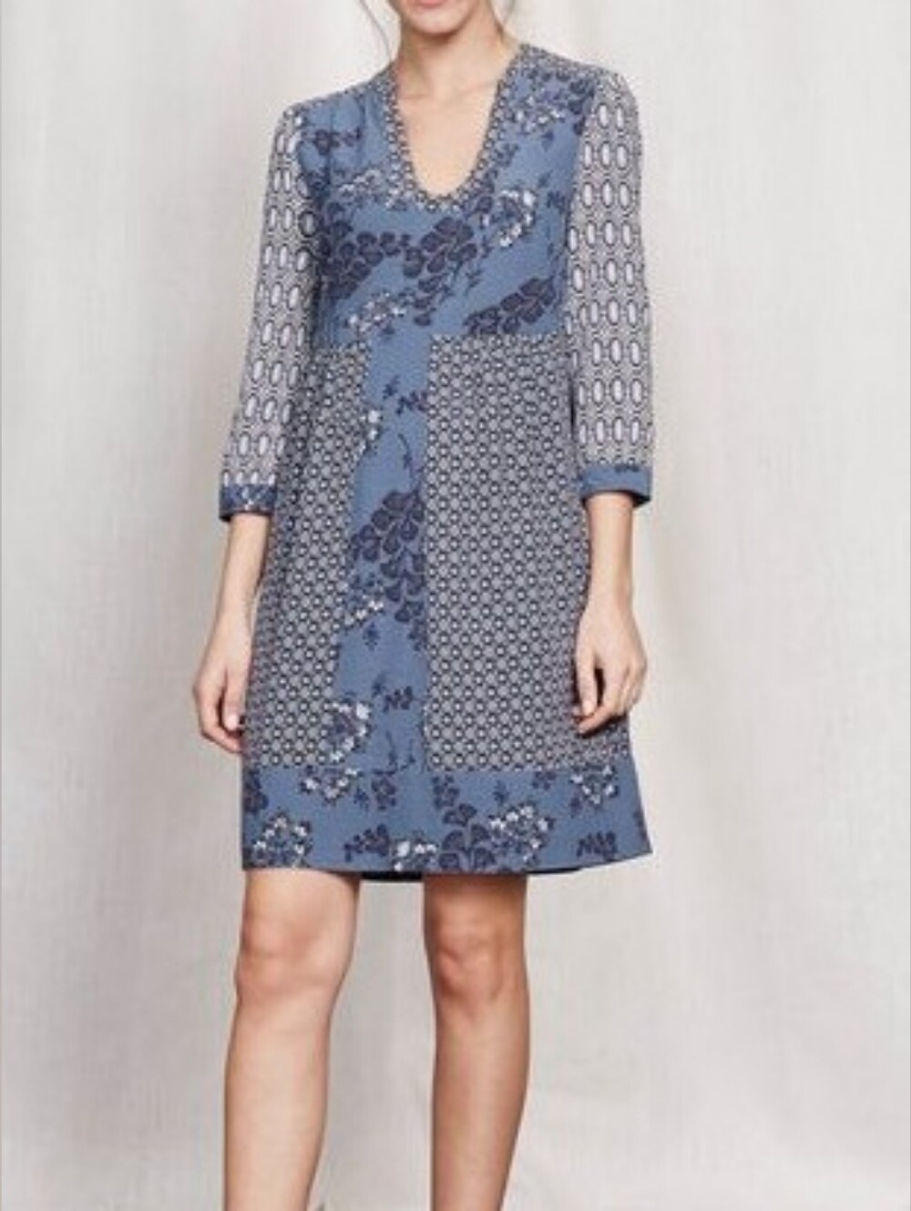 Boden Mollie Blue Floral Geo Patchwork V-Neck Mini Dress 3/4 Sleeve